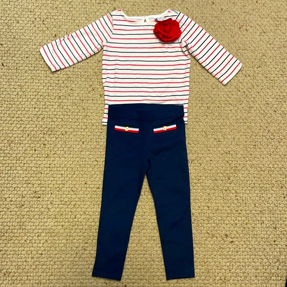 NWOT Janie and Jack striped flower top and navy ponte pants, size 3